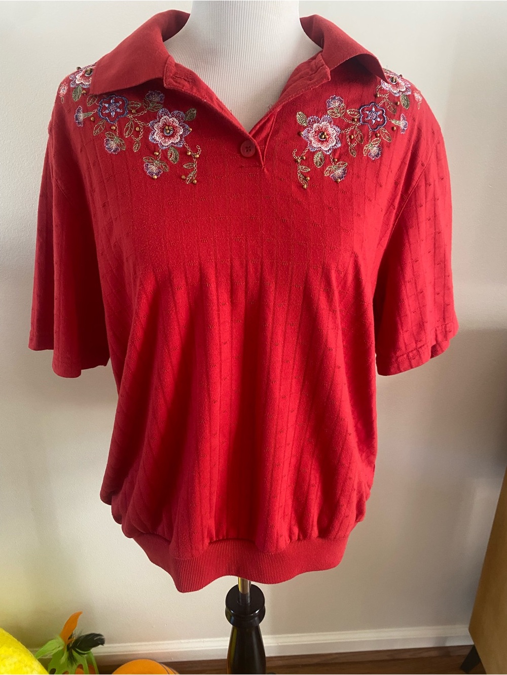 Alfred Dunner Red Embroidered Polo Knit Top